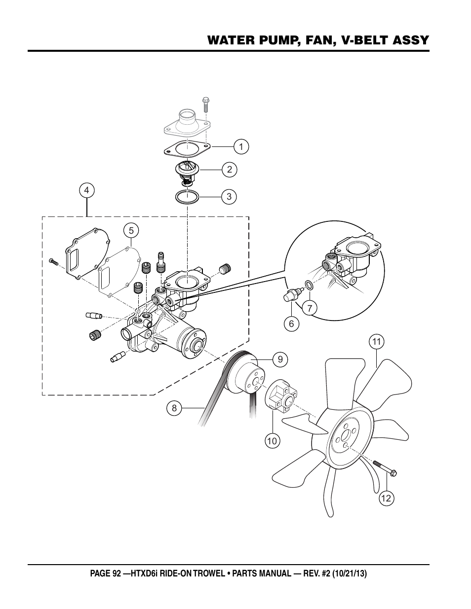 Water pump, fan, v-belt assy | Multiquip HTXD6i User Manual | Page 92 / 104