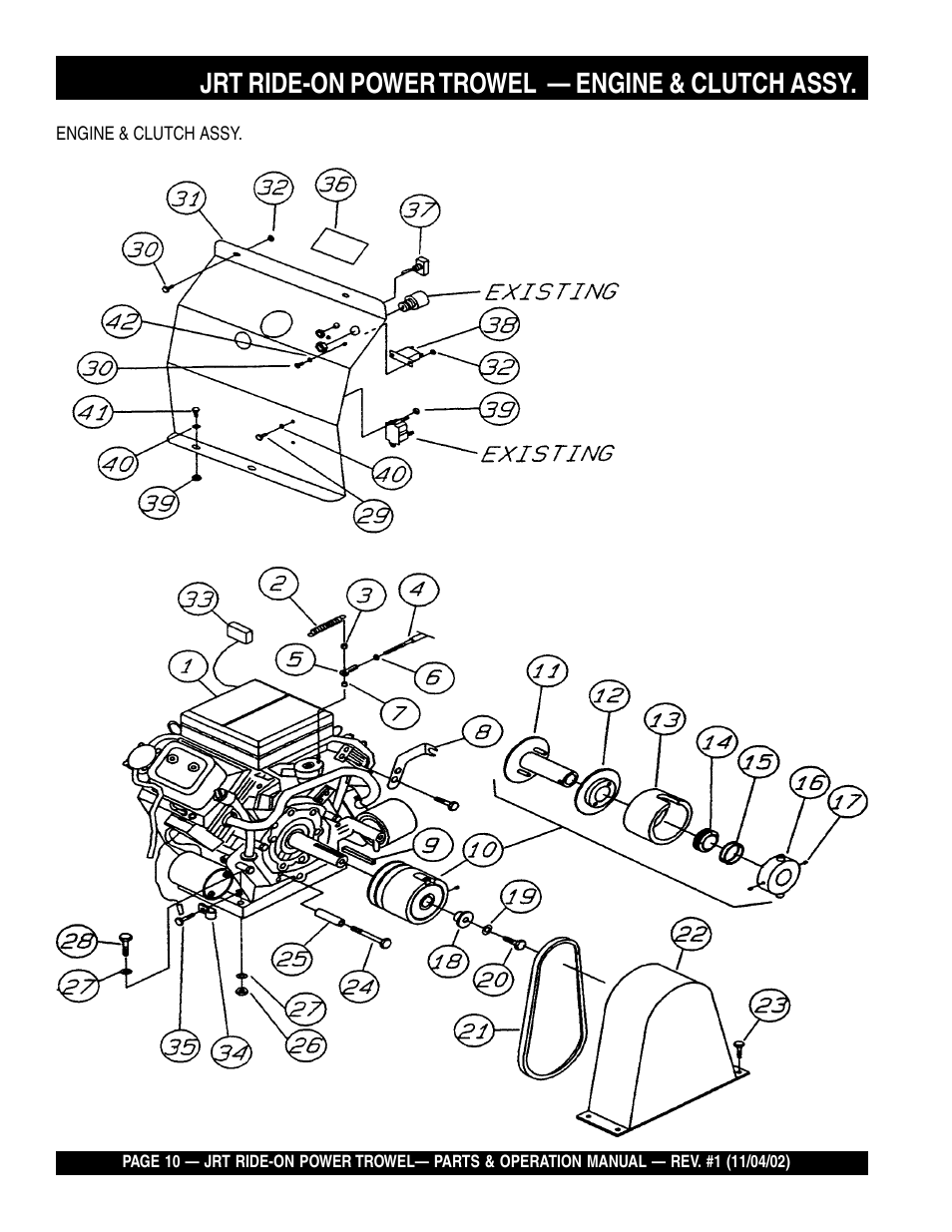 Jrt ride-on power trowel — engine & clutch assy | Multiquip JRT User Manual | Page 10 / 48