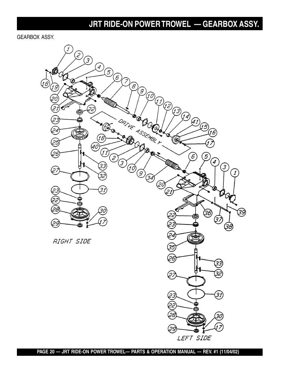 Jrt ride-on power trowel — gearbox assy | Multiquip JRT User Manual | Page 20 / 48
