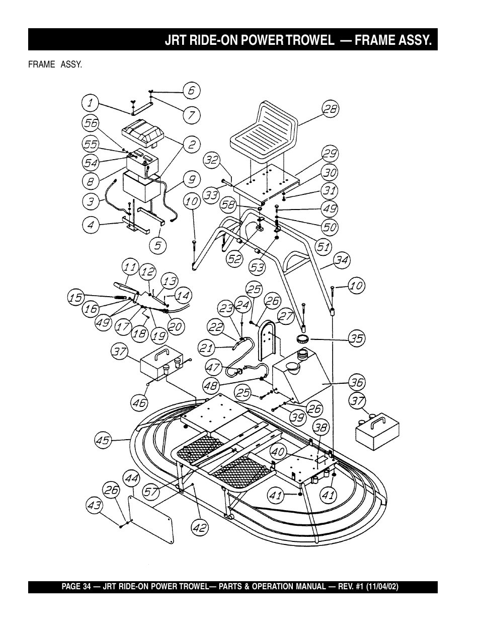 Jrt ride-on power trowel — frame assy | Multiquip JRT User Manual | Page 34 / 48