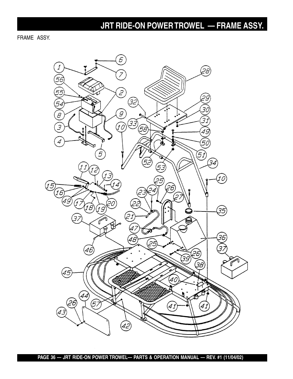 Jrt ride-on power trowel — frame assy | Multiquip JRT User Manual | Page 36 / 48
