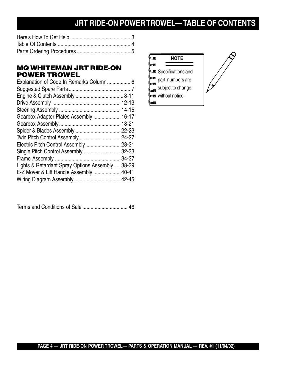 Jrt ride-on power trowel— table of contents | Multiquip JRT User Manual | Page 4 / 48