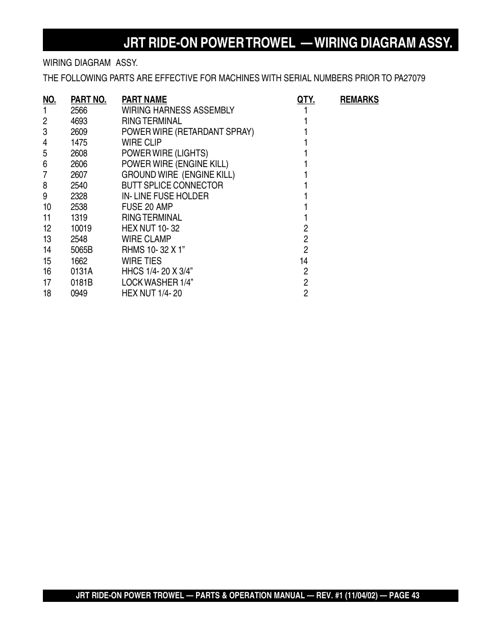 Jrt ride-on power trowel — wiring diagram assy | Multiquip JRT User Manual | Page 43 / 48