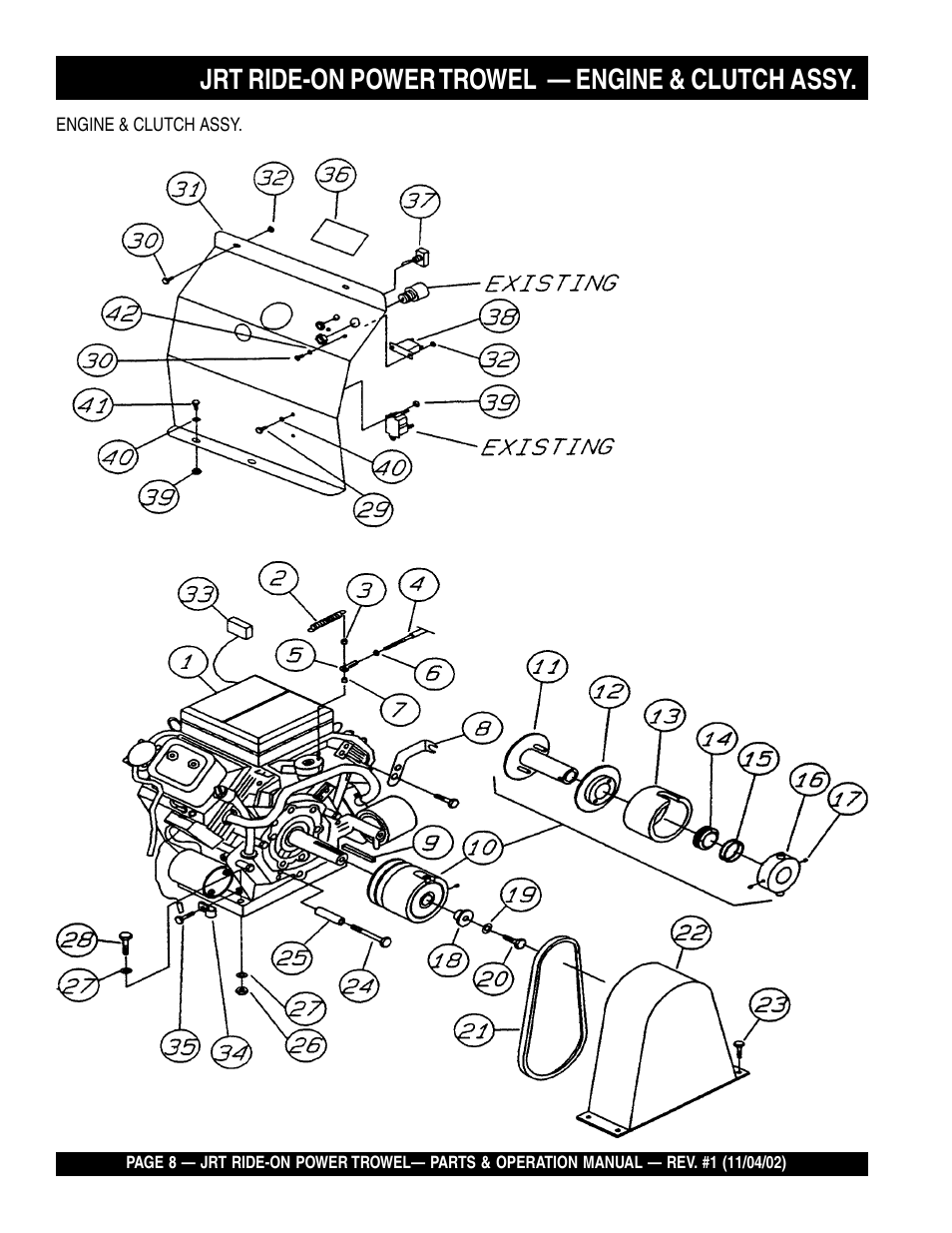 Jrt ride-on power trowel — engine & clutch assy | Multiquip JRT User Manual | Page 8 / 48