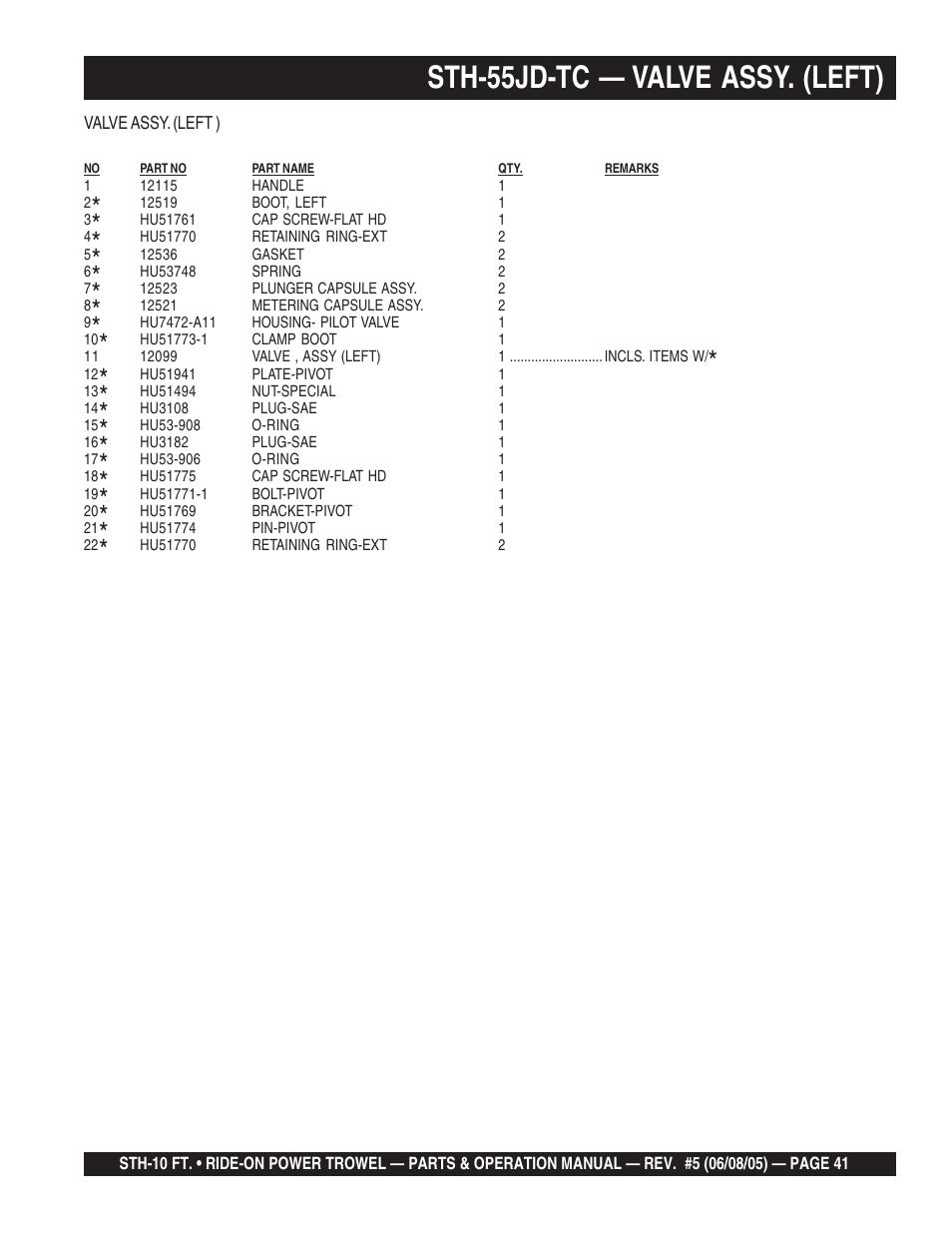 Sth-55jd-tc — valve assy. (left) | Multiquip STH User Manual | Page 41 / 86