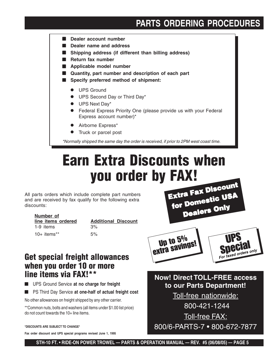 Earn extra discounts when you order by fax, Parts ordering procedures, Extra fax discount | Multiquip STH User Manual | Page 5 / 86
