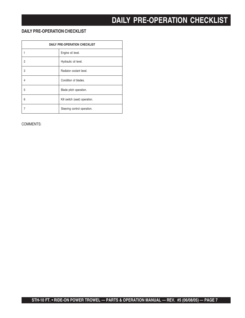 Daily pre-operation checklist | Multiquip STH User Manual | Page 7 / 86