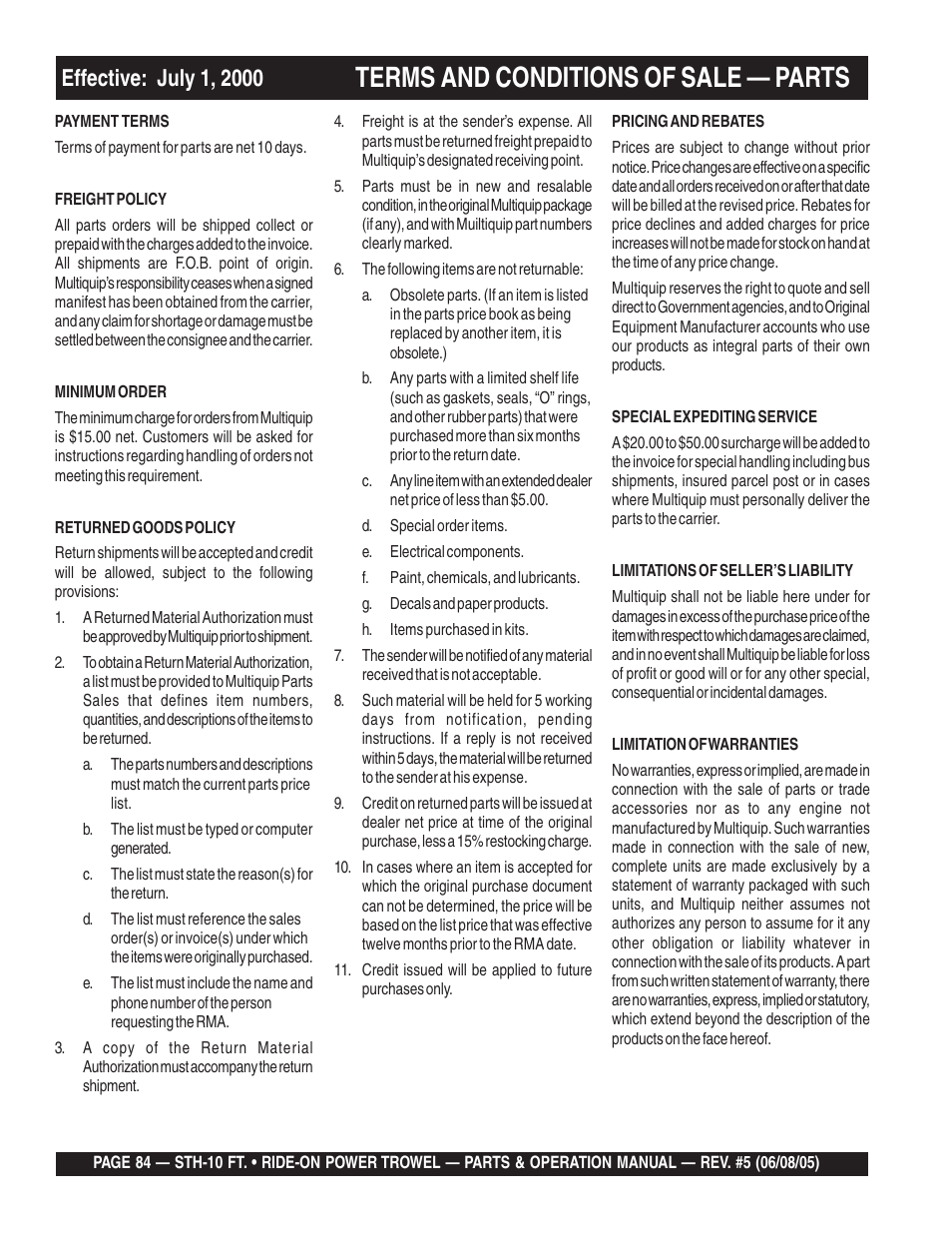 Terms and conditions of sale — parts | Multiquip STH User Manual | Page 84 / 86