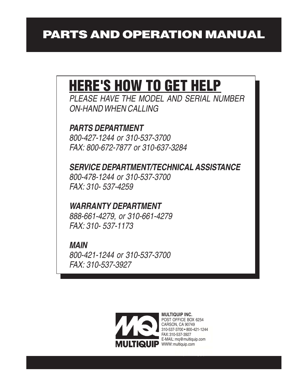 Here's how to get help, Parts and operation manual | Multiquip STH User Manual | Page 86 / 86