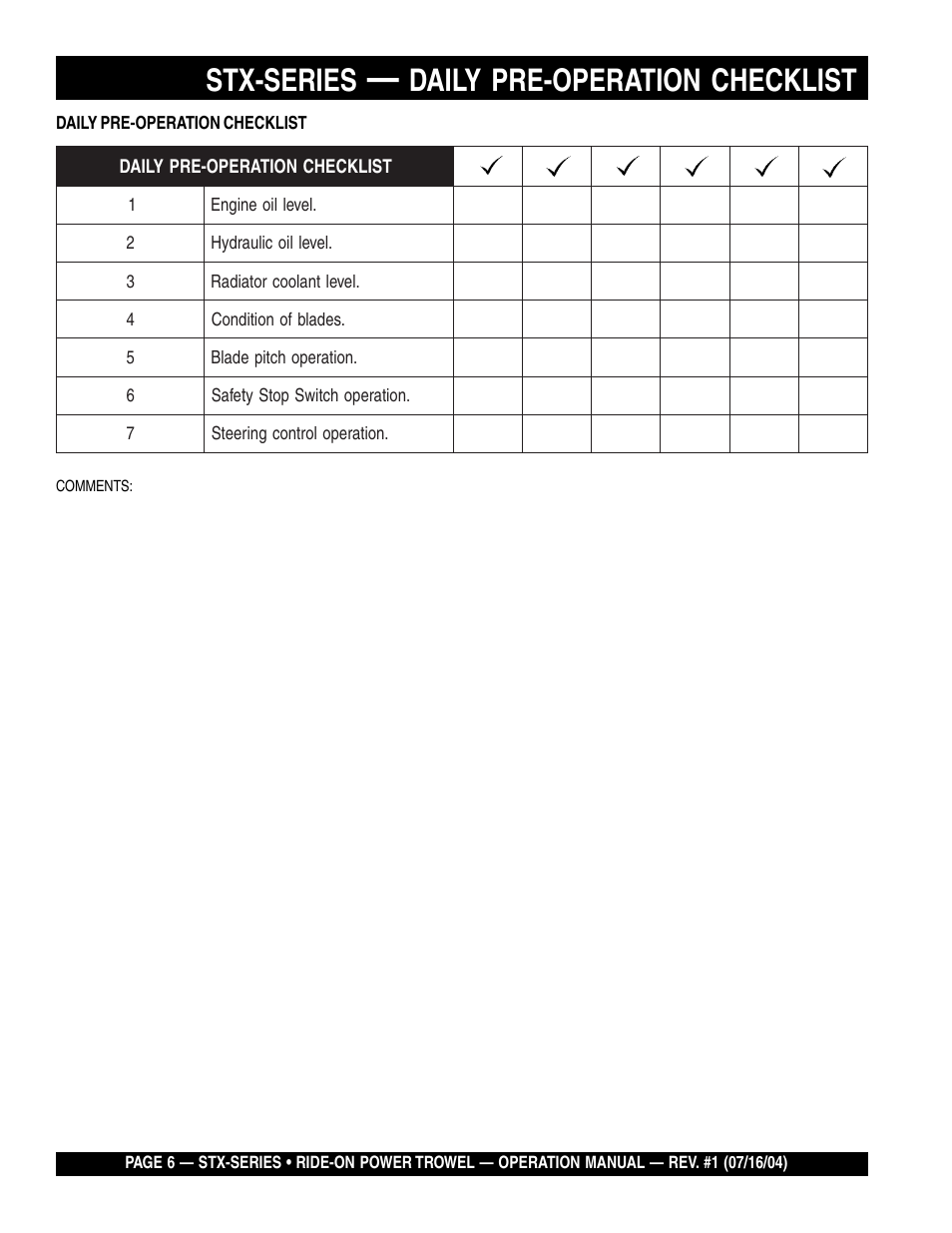 Stx-series, Daily pre-operation checklist | Multiquip STX55J6 User Manual | Page 6 / 30