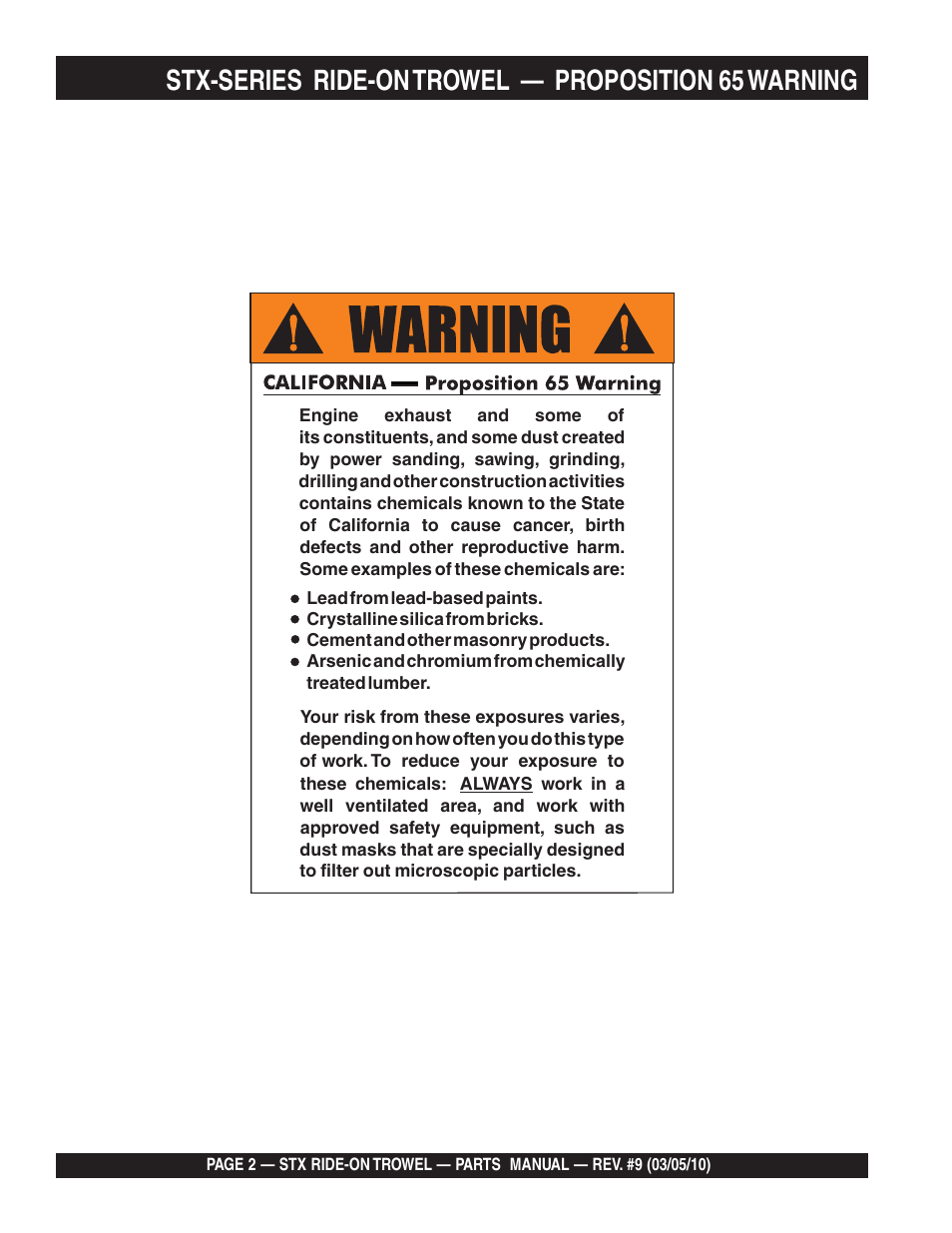 Stx-series ride-on trowel, Proposition 65 warning | Multiquip STX55Y6 User Manual | Page 2 / 64