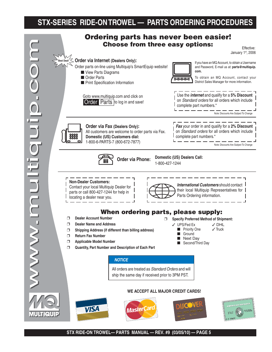 Stx-series ride-on trowel, Parts ordering procedures, Ordering parts has never been easier | Choose from three easy options, When ordering parts, please supply, Order parts | Multiquip STX55Y6 User Manual | Page 5 / 64