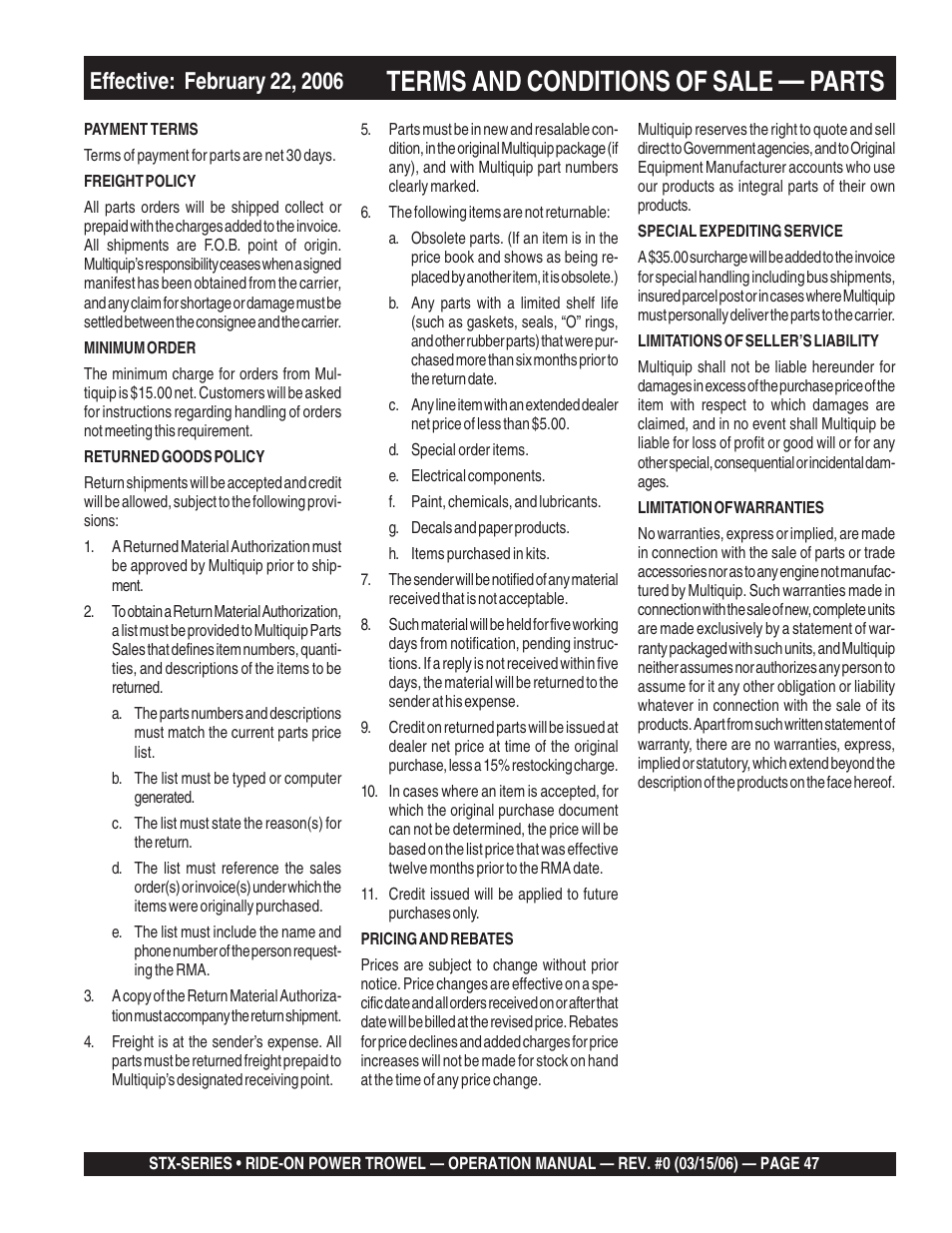 Terms and conditions of sale, Parts | Multiquip STX55Y6 User Manual | Page 47 / 48