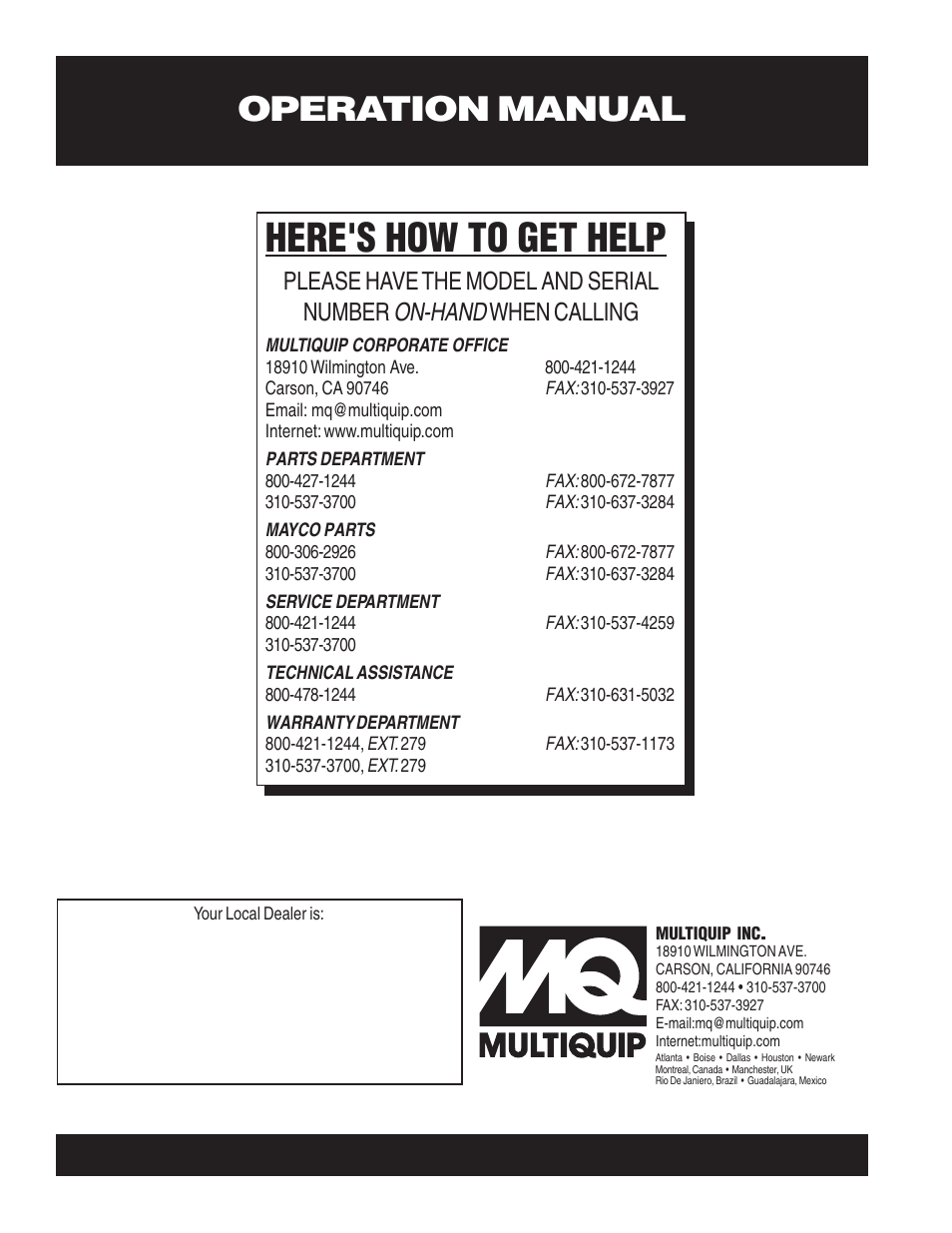 Here's how to get help, Operation manual, On-hand | Please have the model and serial number, When calling | Multiquip STX55Y6 User Manual | Page 48 / 48