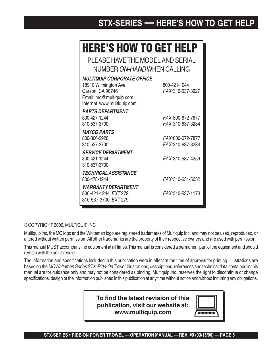 Stx-series, Here's how to get help, On-hand | Please have the model and serial number, When calling | Multiquip STX55Y6 User Manual | Page 5 / 48