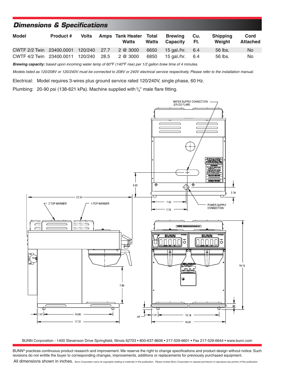 Dimensions & speciﬁcations | Bunn CWTF 2/2 TWIN User Manual | Page 2 / 2