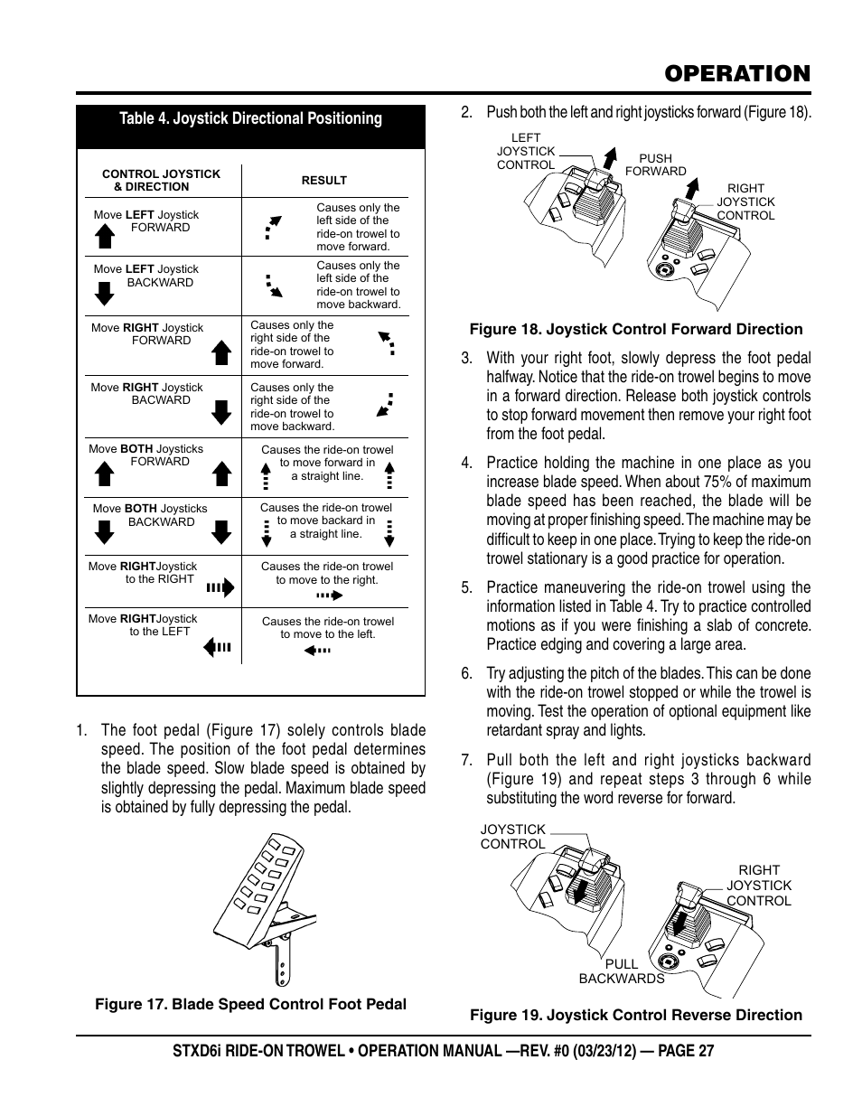 Operation, Table 4. joystick directional positioning | Multiquip STXD6i User Manual | Page 27 / 40