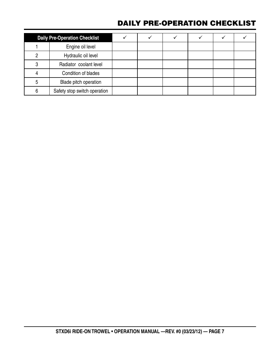 Daily pre-operation checklist | Multiquip STXD6i User Manual | Page 7 / 40