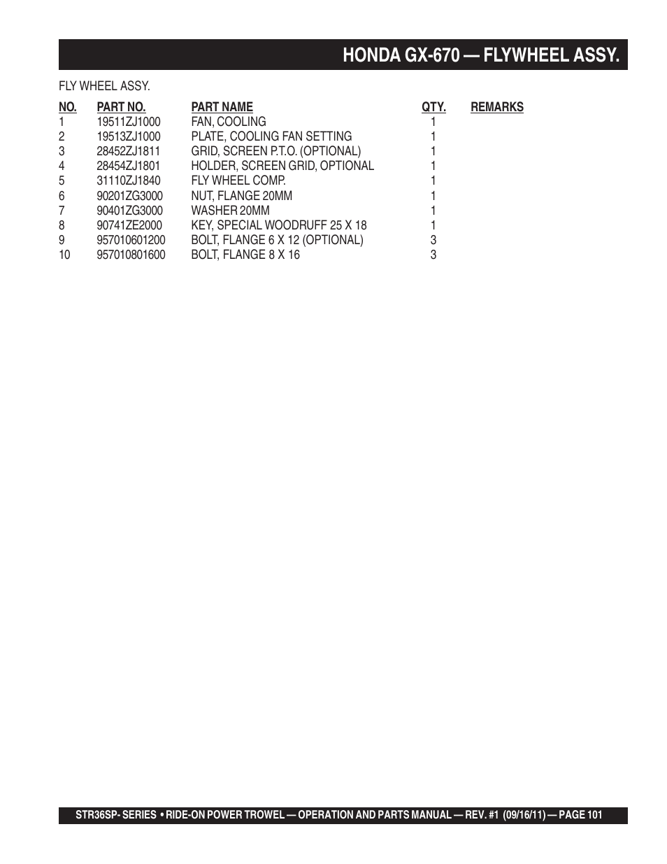 Honda gx-670 — flywheel assy | Multiquip STR36SP User Manual | Page 101 / 116
