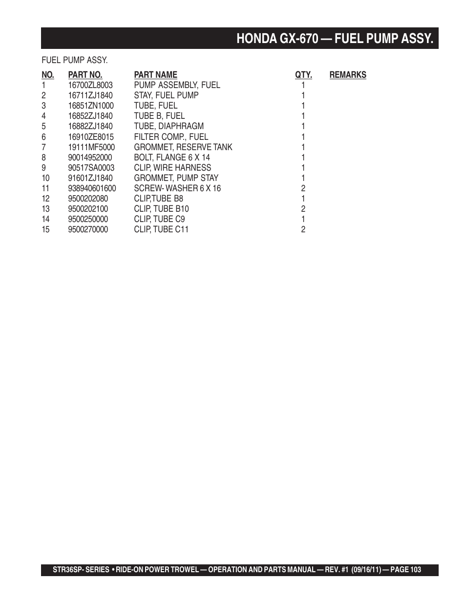 Honda gx-670 — fuel pump assy | Multiquip STR36SP User Manual | Page 103 / 116