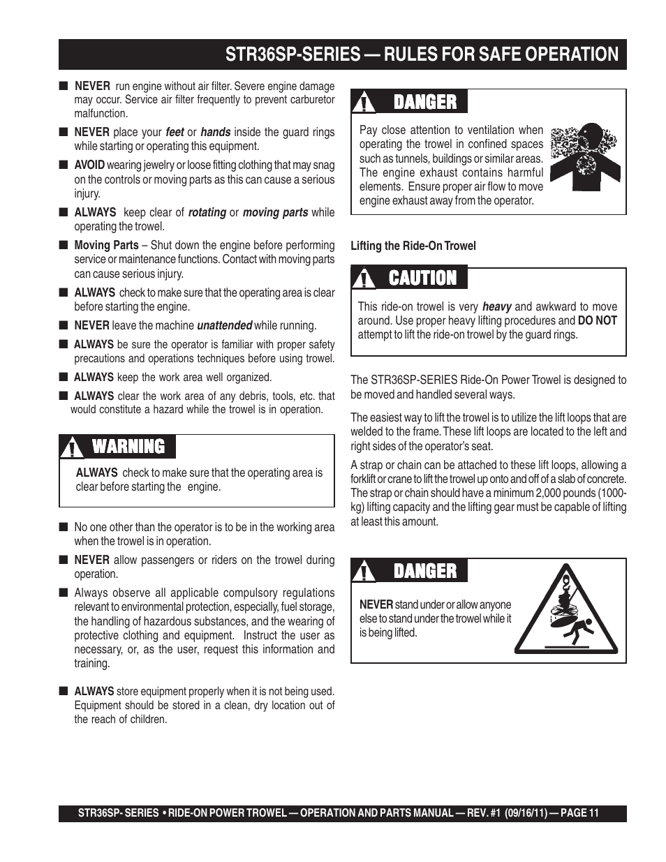 Str36sp-series — rules for safe operation, Warning, Danger | Multiquip STR36SP User Manual | Page 11 / 116