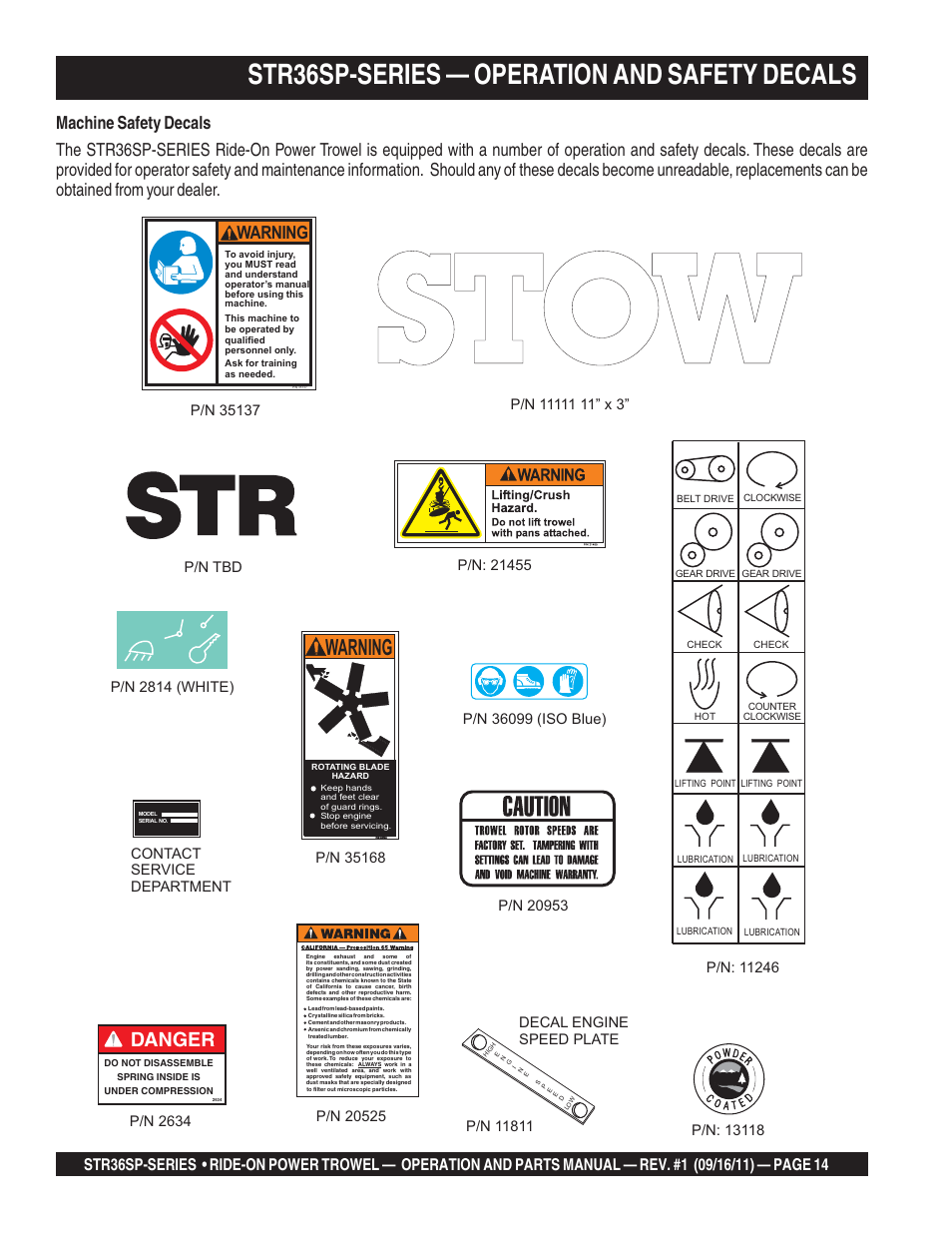 Str36sp-series — operation and safety decals, Danger, Warning | P/n tbd p/n 2634 | Multiquip STR36SP User Manual | Page 14 / 116
