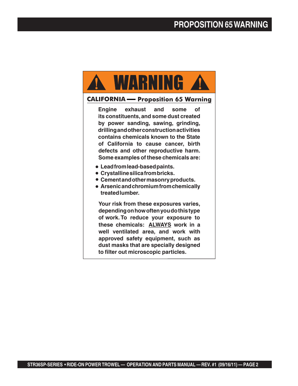 Proposition 65 warning | Multiquip STR36SP User Manual | Page 2 / 116