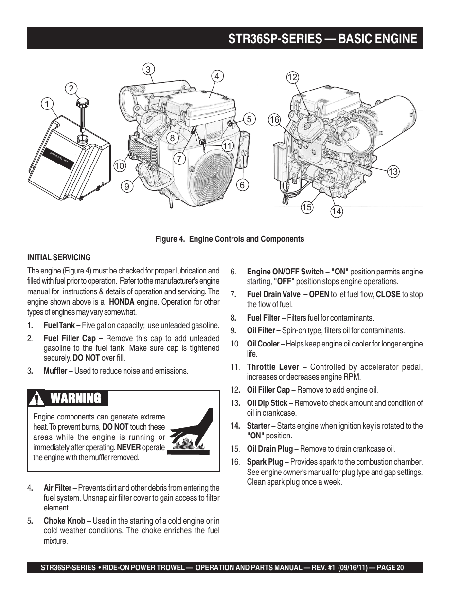 Str36sp-series — basic engine, Warning | Multiquip STR36SP User Manual | Page 20 / 116