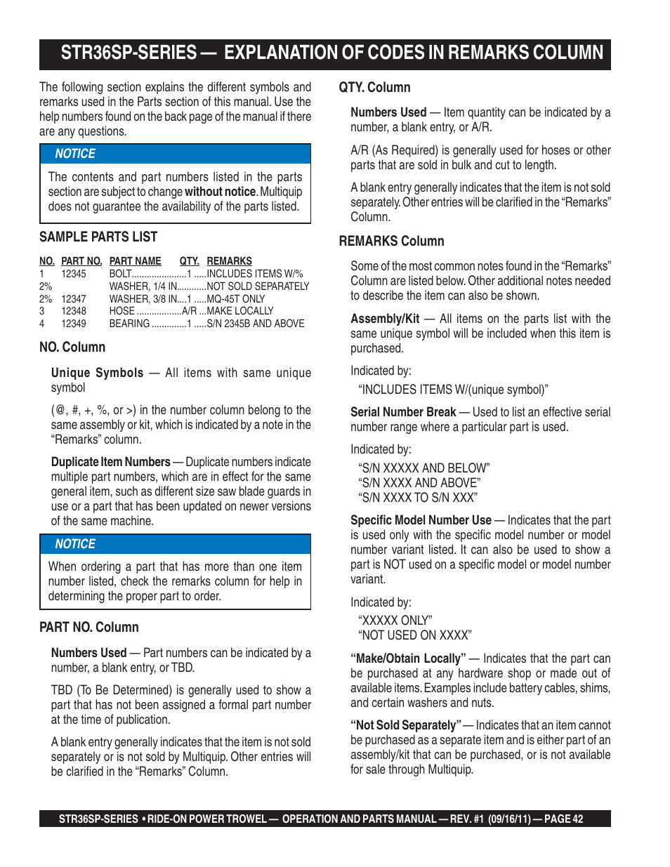 Str36sp-series, Explanation of codes in remarks column | Multiquip STR36SP User Manual | Page 42 / 116