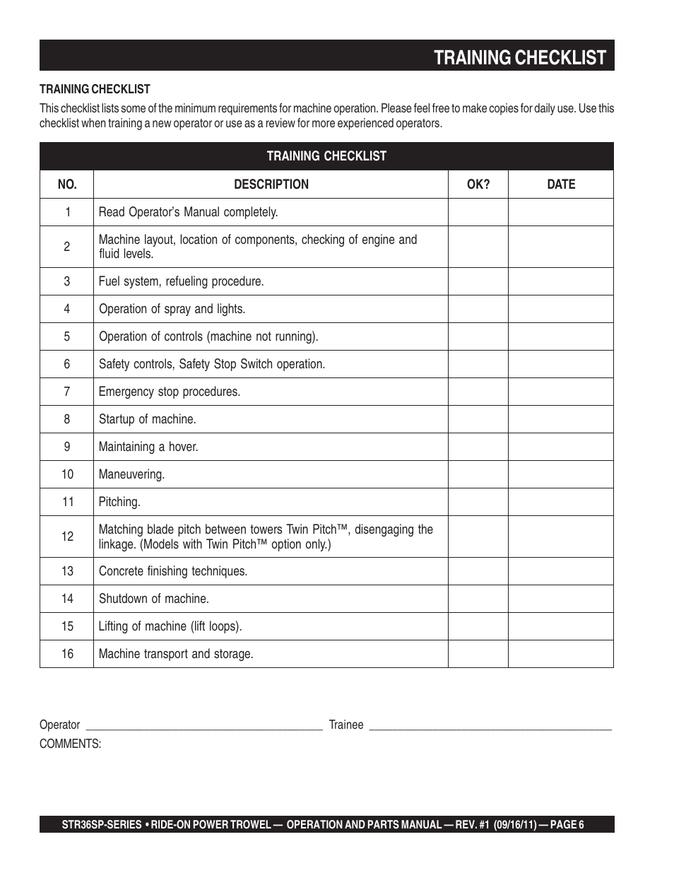 Training checklist | Multiquip STR36SP User Manual | Page 6 / 116