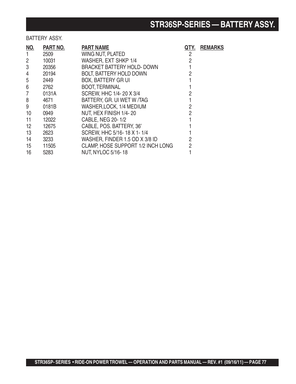 Str36sp-series — battery assy | Multiquip STR36SP User Manual | Page 77 / 116