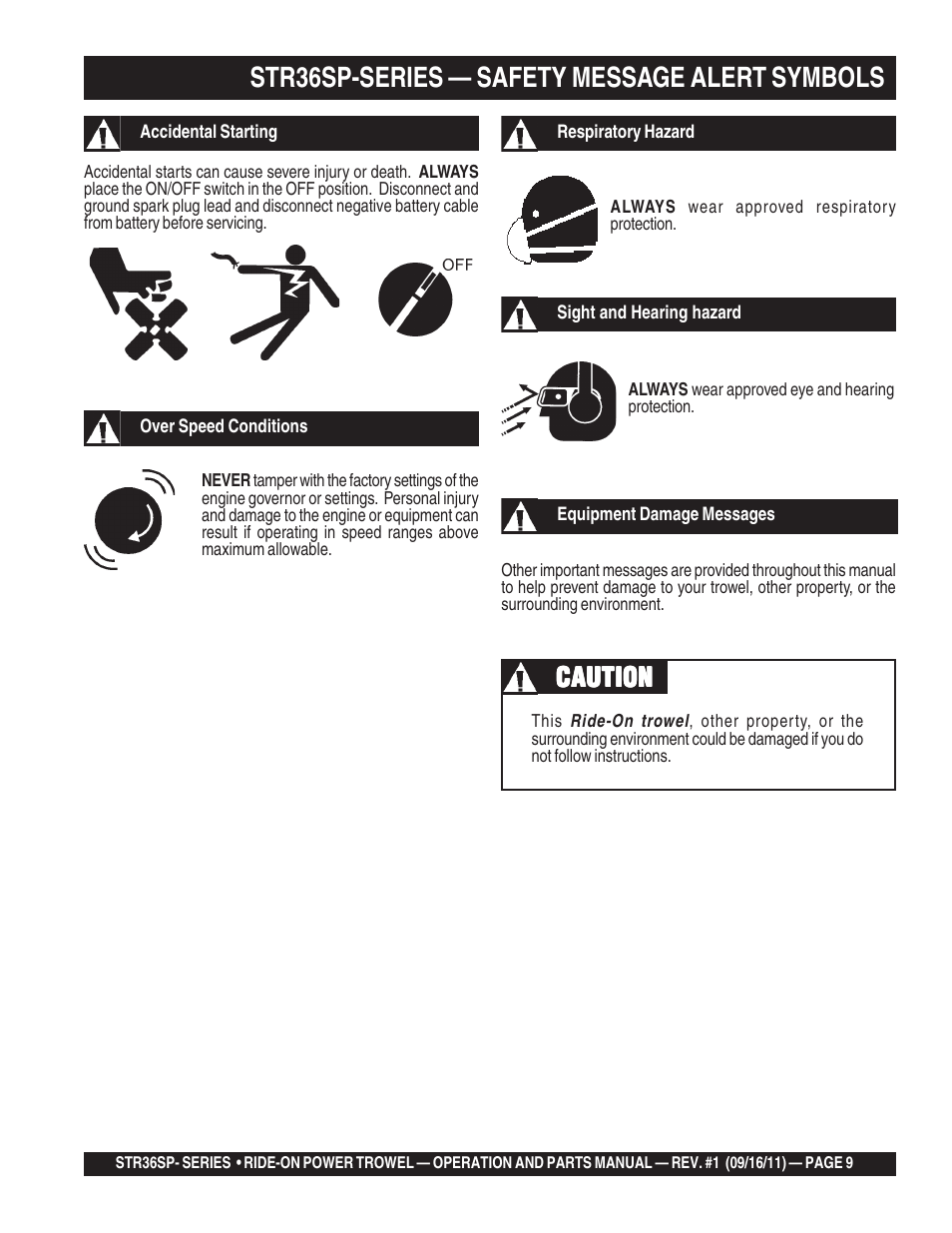 Str36sp-series — safety message alert symbols, Caution | Multiquip STR36SP User Manual | Page 9 / 116