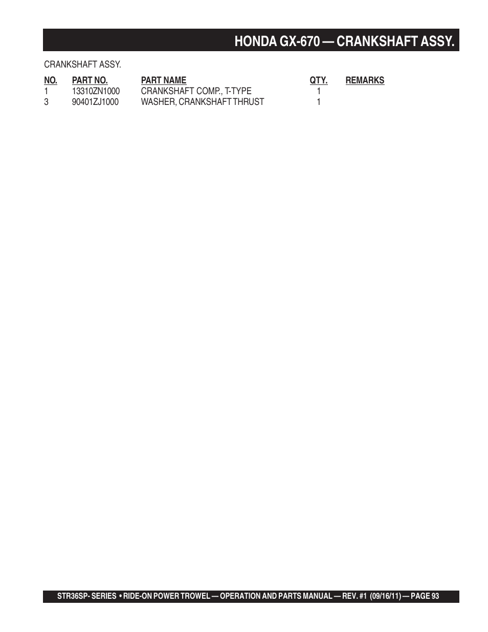 Honda gx-670 — crankshaft assy | Multiquip STR36SP User Manual | Page 93 / 116