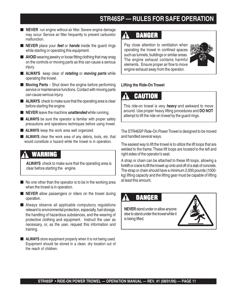 Str46sp — rules for safe operation, Warning, Danger | Multiquip STR46SP User Manual | Page 11 / 86