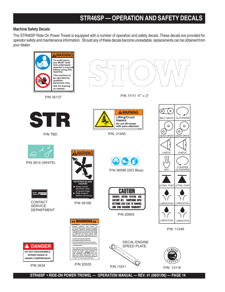 Str46sp — operation and safety decals, Danger, Warning | P/n tbd p/n 2634 | Multiquip STR46SP User Manual | Page 14 / 86