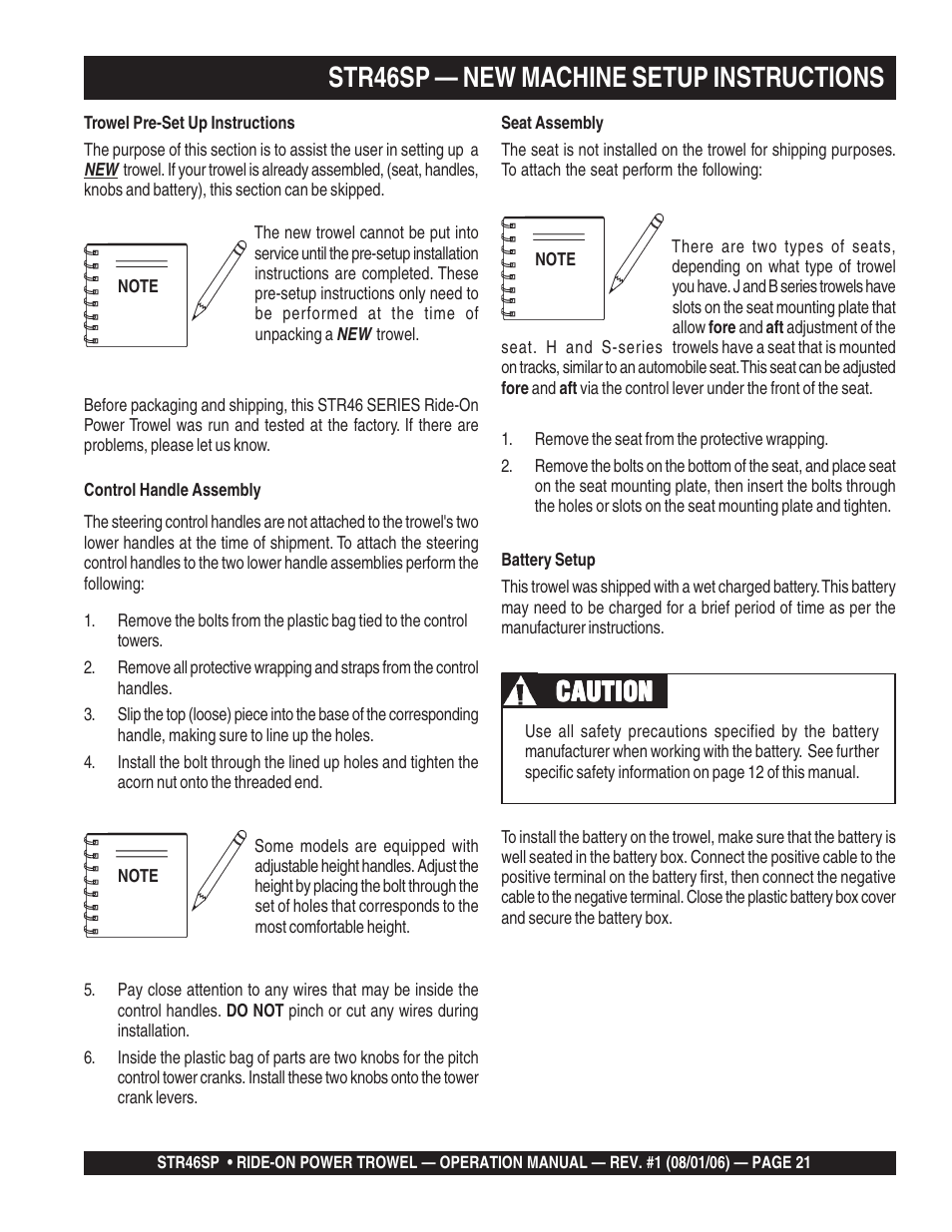 Str46sp — new machine setup instructions, Caution | Multiquip STR46SP User Manual | Page 21 / 86