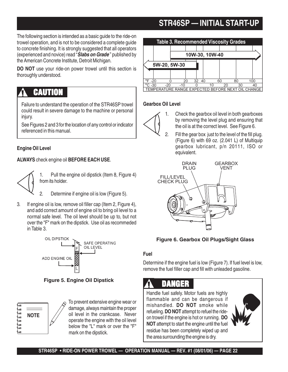 Str46sp — initial start-up, Caution, Danger | Multiquip STR46SP User Manual | Page 22 / 86