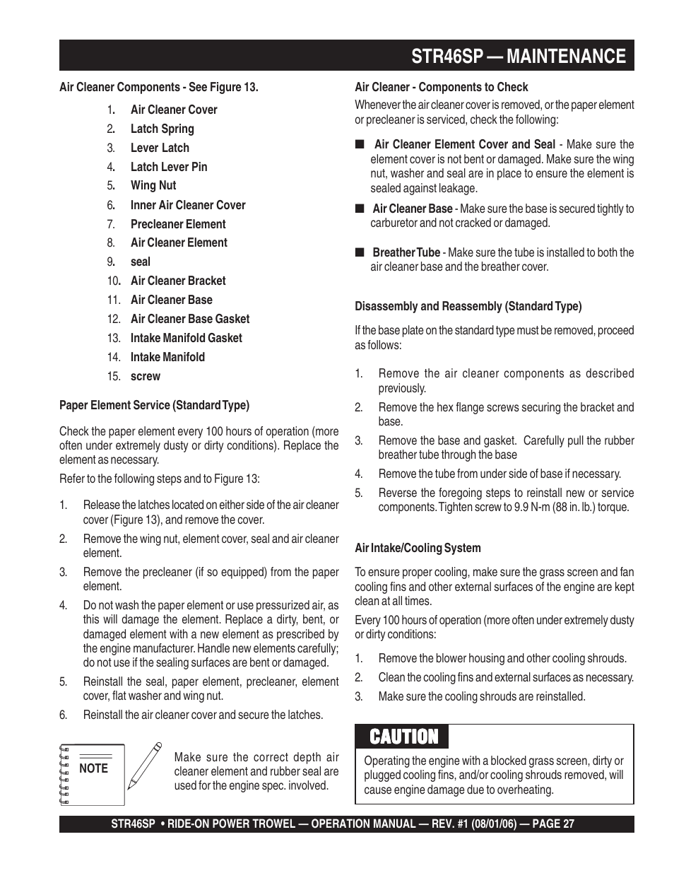 Str46sp — maintenance, Caution | Multiquip STR46SP User Manual | Page 27 / 86