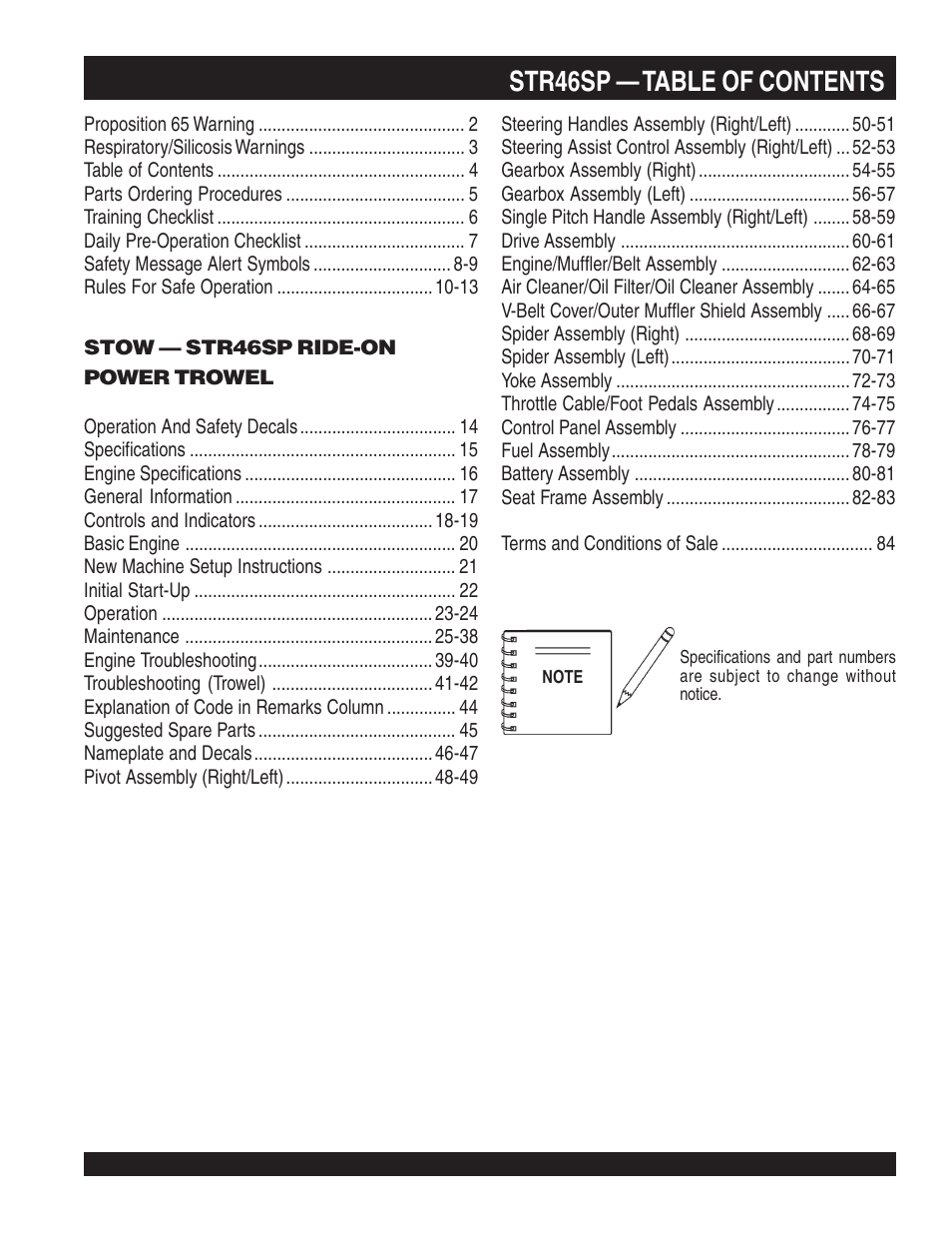 Str46sp — table of contents | Multiquip STR46SP User Manual | Page 4 / 86