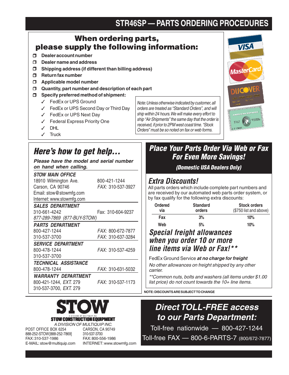 Str46sp — parts ordering procedures, Here’s how to get help, Direct toll-free access to our parts department | Extra discounts | Multiquip STR46SP User Manual | Page 5 / 86