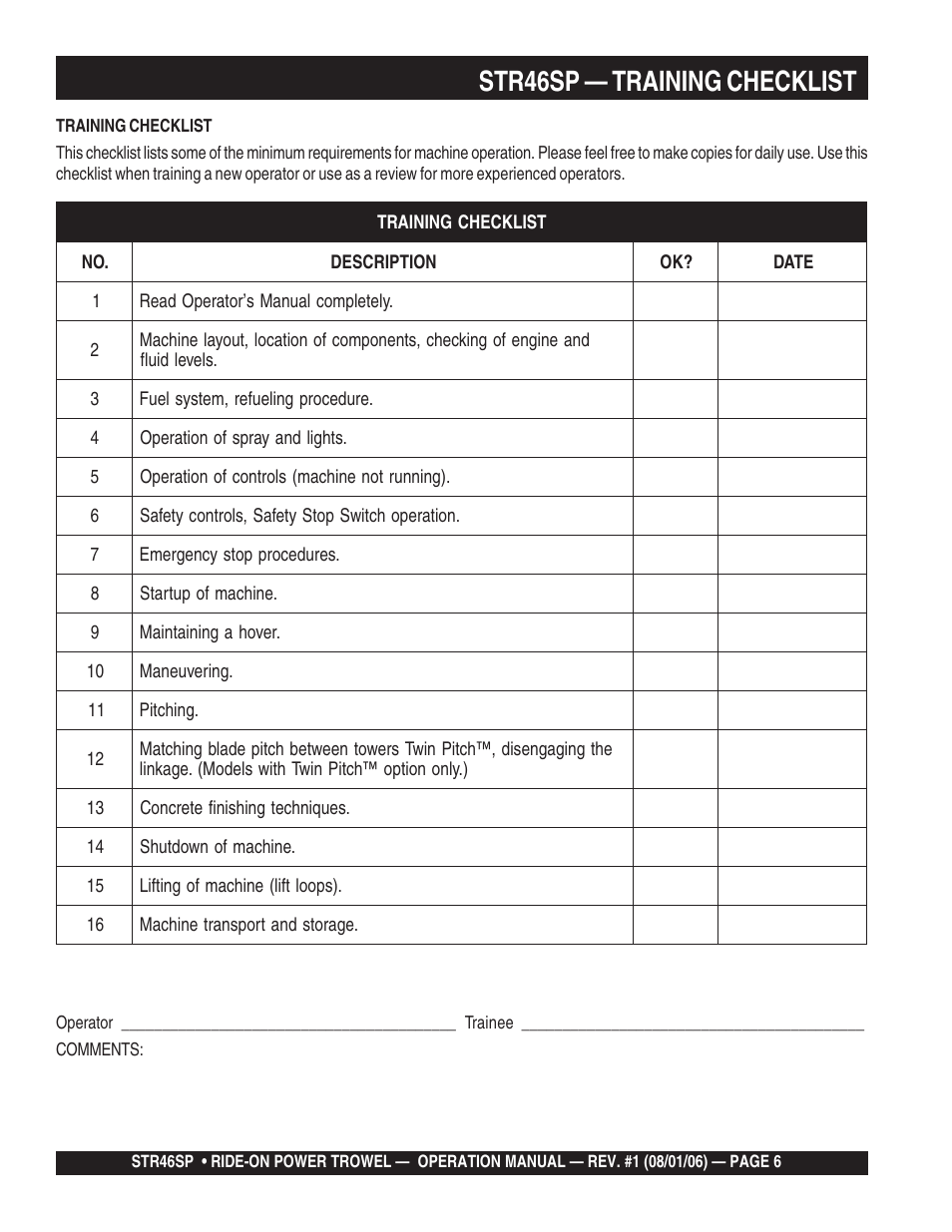 Str46sp — training checklist | Multiquip STR46SP User Manual | Page 6 / 86