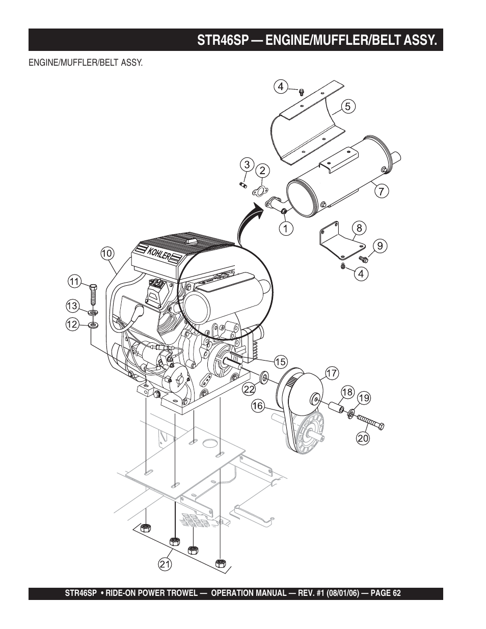 Str46sp — engine/muffler/belt assy | Multiquip STR46SP User Manual | Page 62 / 86