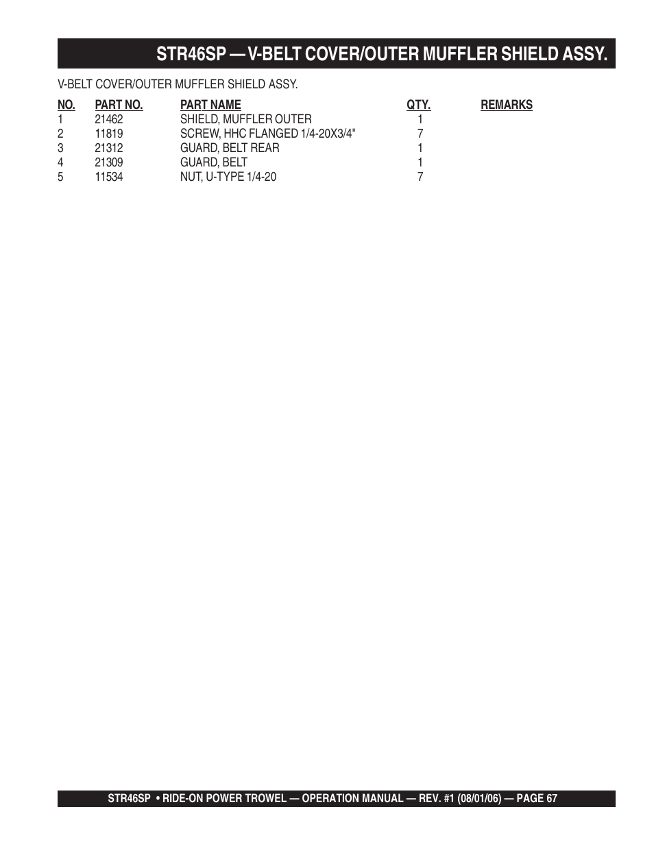 Str46sp — v-belt cover/outer muffler shield assy | Multiquip STR46SP User Manual | Page 67 / 86