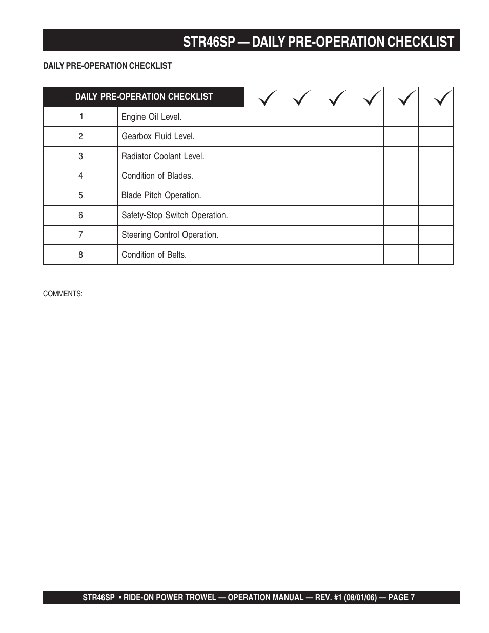 Str46sp — daily pre-operation checklist | Multiquip STR46SP User Manual | Page 7 / 86