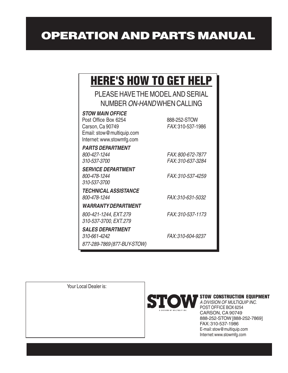 Here's how to get help, Operation and parts manual, On-hand | Please have the model and serial number, When calling | Multiquip STR46SP User Manual | Page 86 / 86