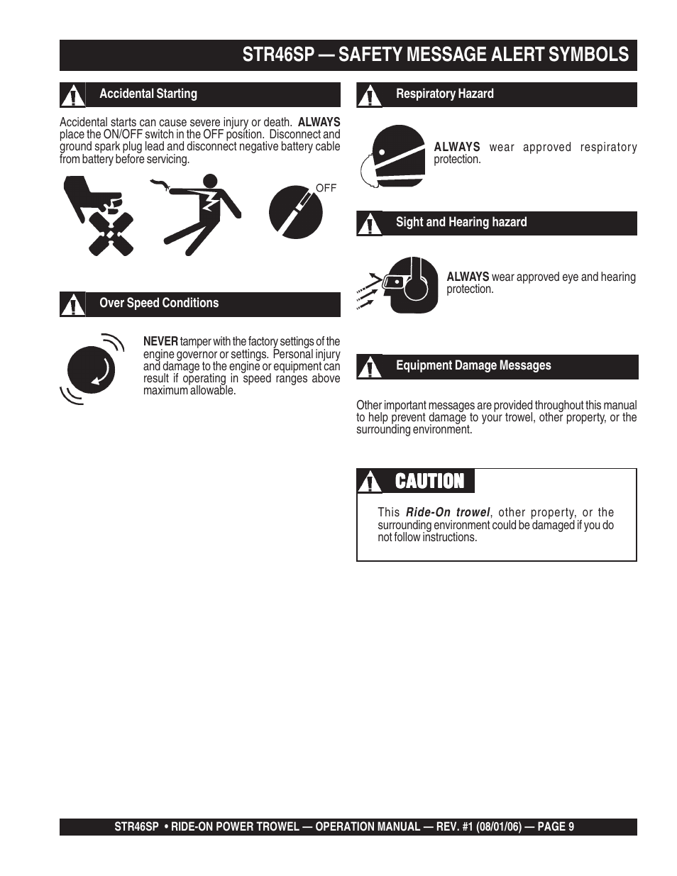 Str46sp — safety message alert symbols, Caution | Multiquip STR46SP User Manual | Page 9 / 86