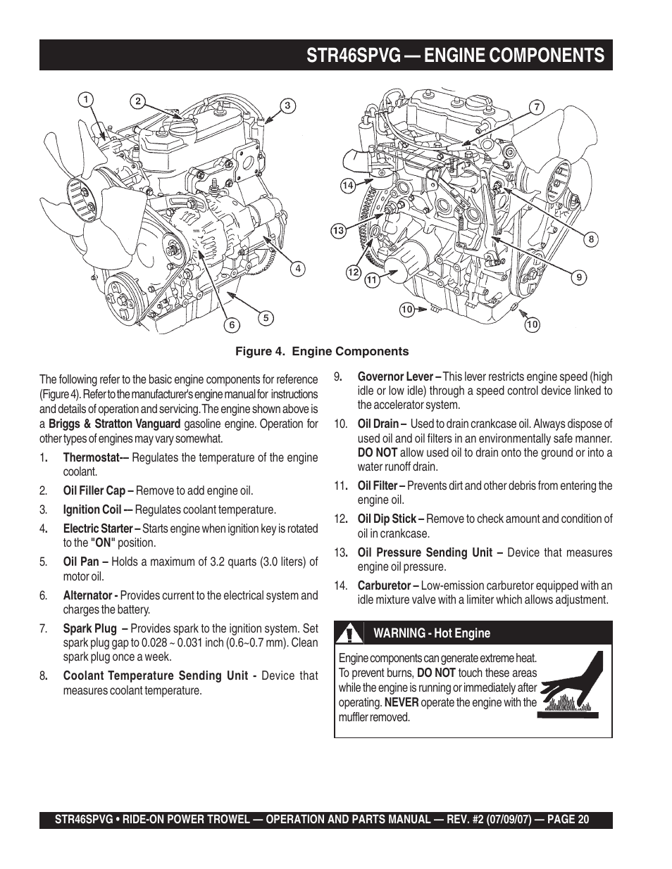 Str46spvg — engine components, Warning | Multiquip STR46SPVG User Manual | Page 20 / 90