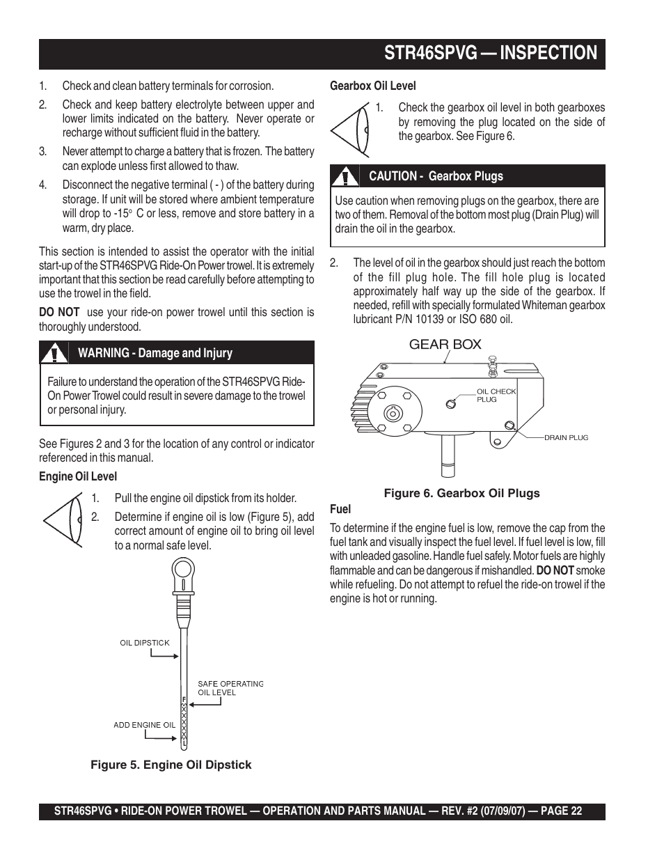 Str46spvg — inspection, Warning | Multiquip STR46SPVG User Manual | Page 22 / 90