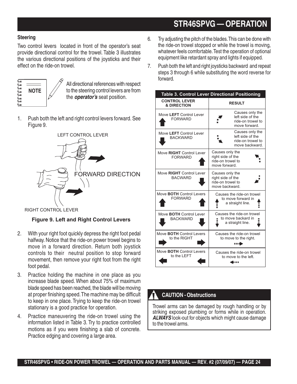 Str46spvg — operation, Forward direction, Always | Caution - obstructions | Multiquip STR46SPVG User Manual | Page 24 / 90