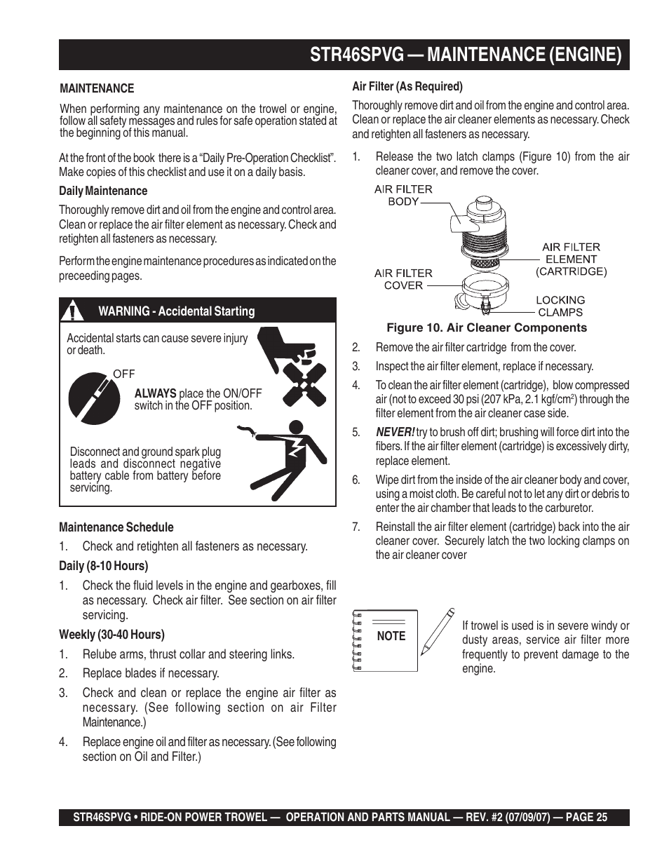 Str46spvg — maintenance (engine) | Multiquip STR46SPVG User Manual | Page 25 / 90